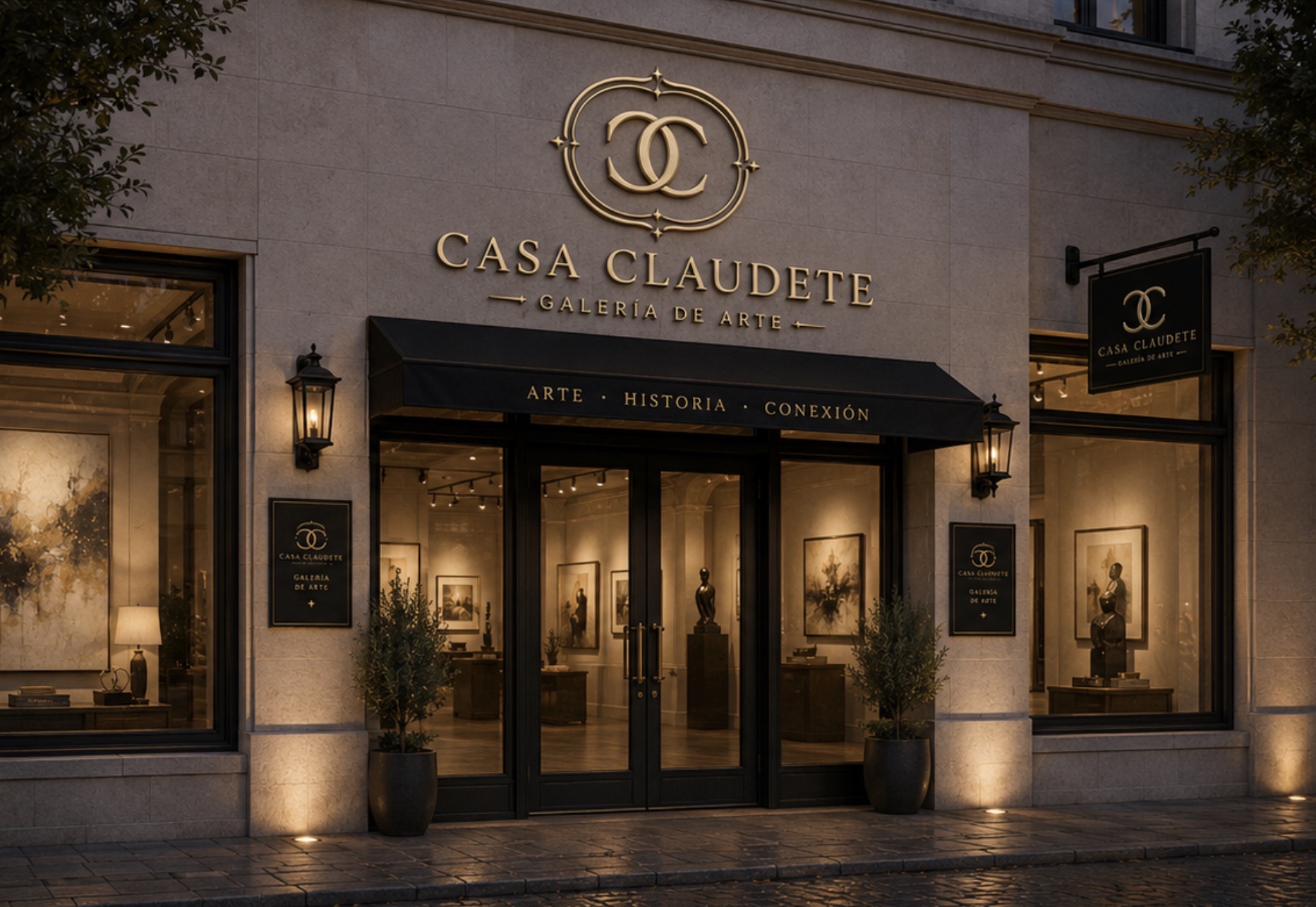 Fachada de la galería Casa Claudete al atardecer en Santa Cruz de la Sierra